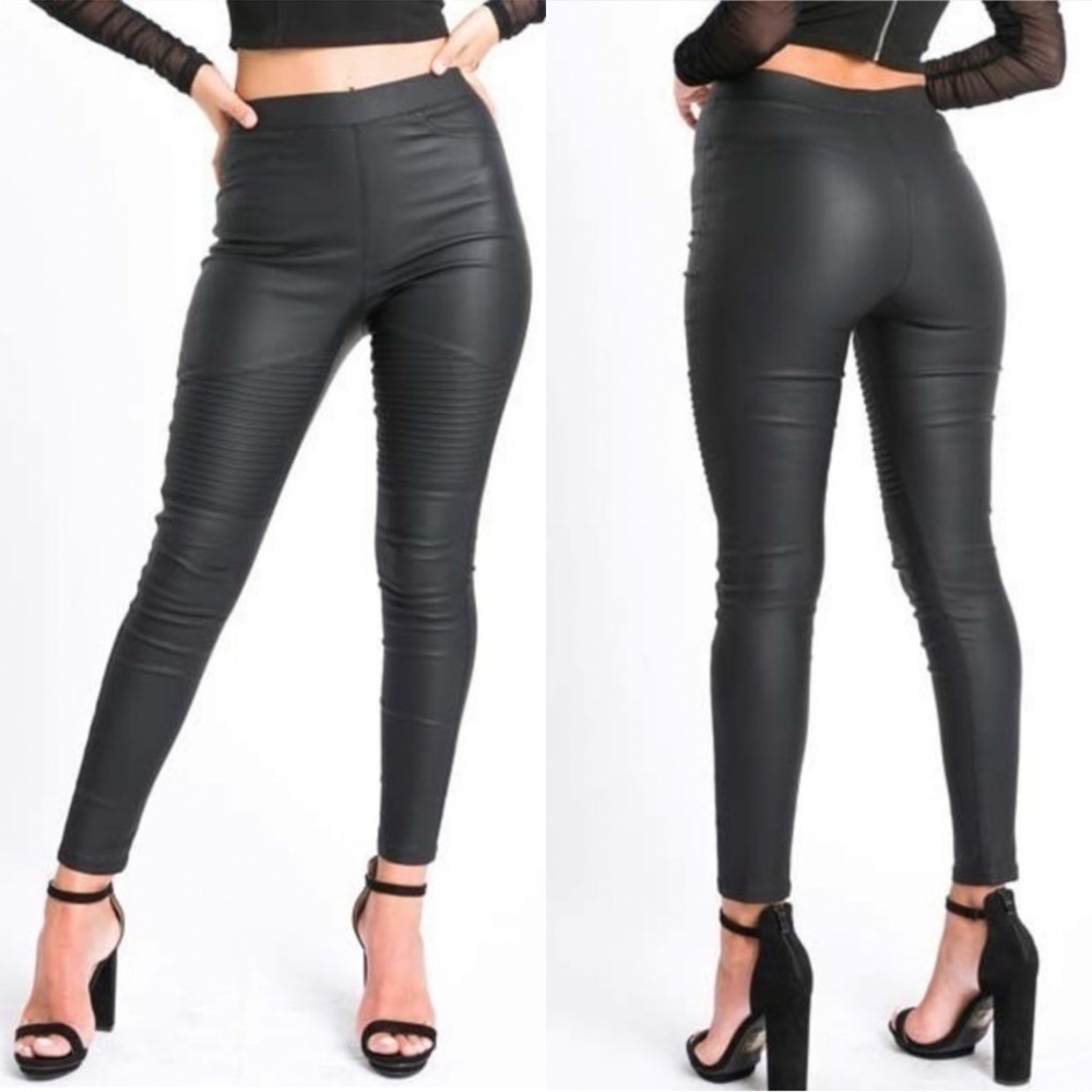A.Peach Women Black Ankle Motto Hight Waist Elegant Leggings With Details Size M